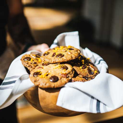 A basket of pecan chocolate chip cookies.