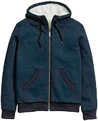 A dark blue hooded jacket with drawstrings.