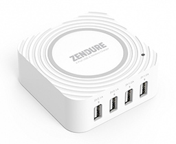 A white multiple-port USB hub.